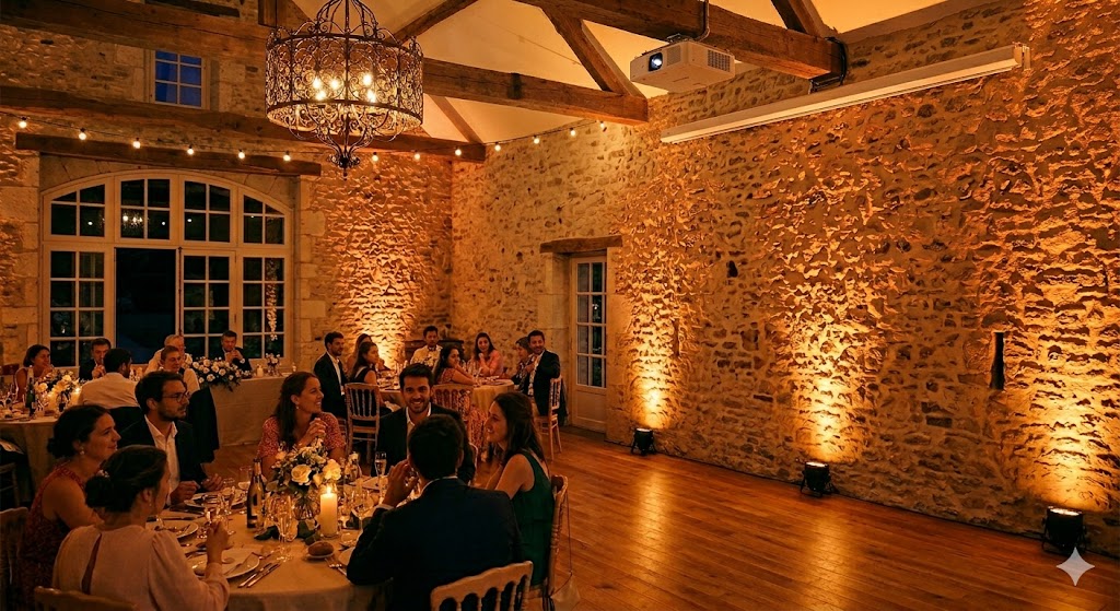 Mise en lumière décorative salle de mariage — éclairage d'ambiance élégant