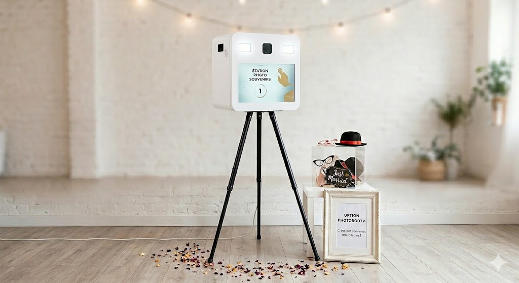 Photobooth mariage — borne photo avec tirages immédiats et accessoires pour invités
